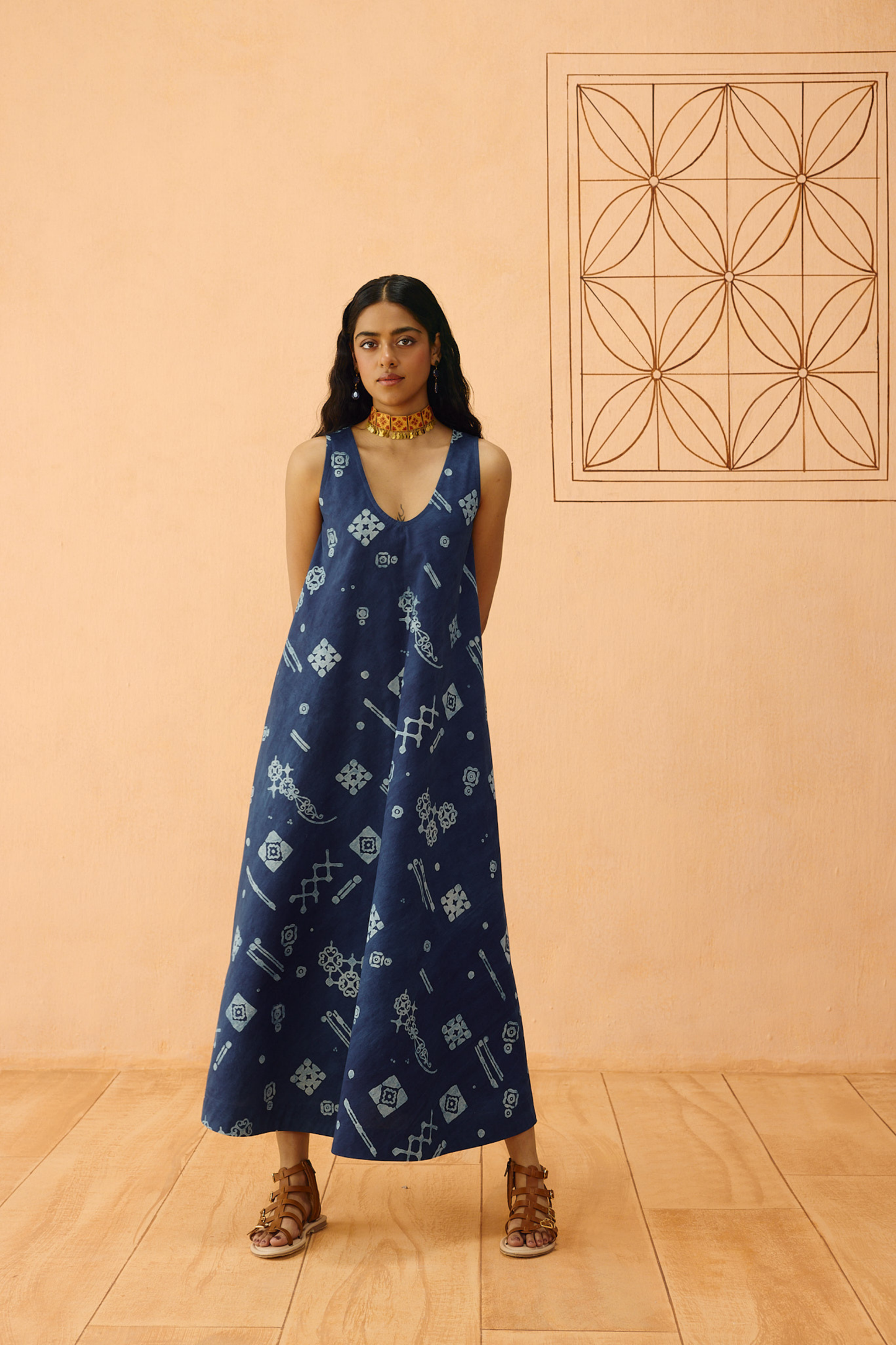 Indigo Ornament Organic Cotton Maxi Dress