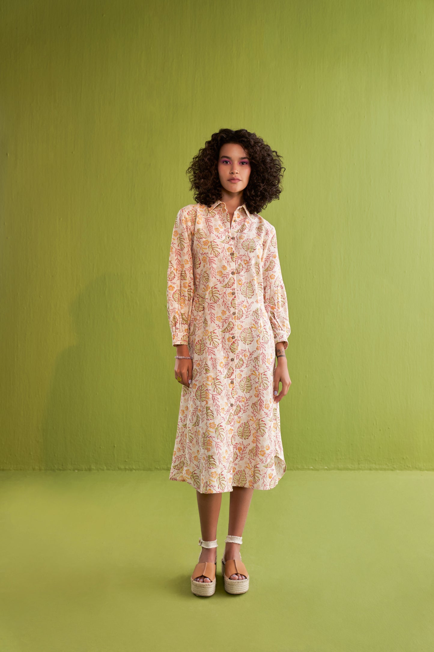 Wild Monstera Handwoven Organic Cotton Midi Shirt Dress