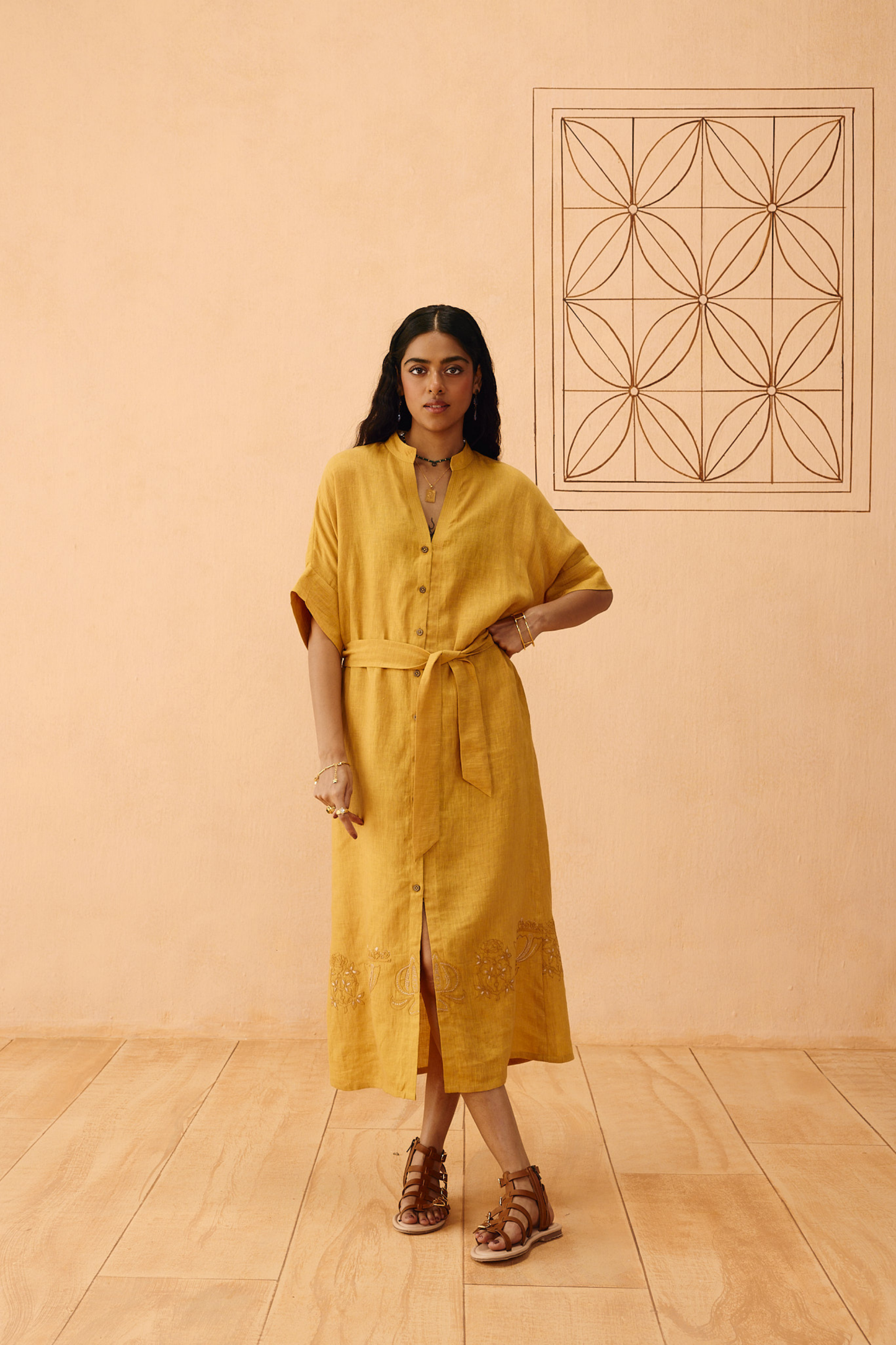 Golden Palm Linen Maxi Dress —  100 % Linen Dress | Sui Singapore