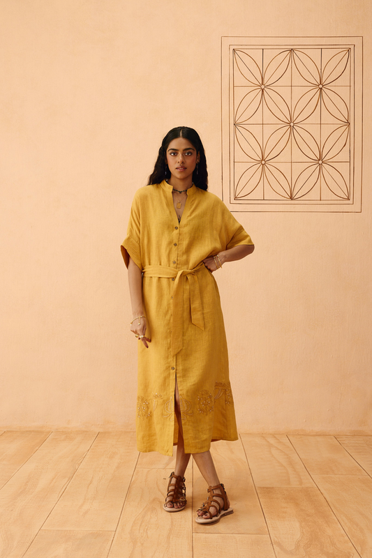 Golden Palm Linen Maxi Dress —  100 % Linen Dress | Sui Singapore
