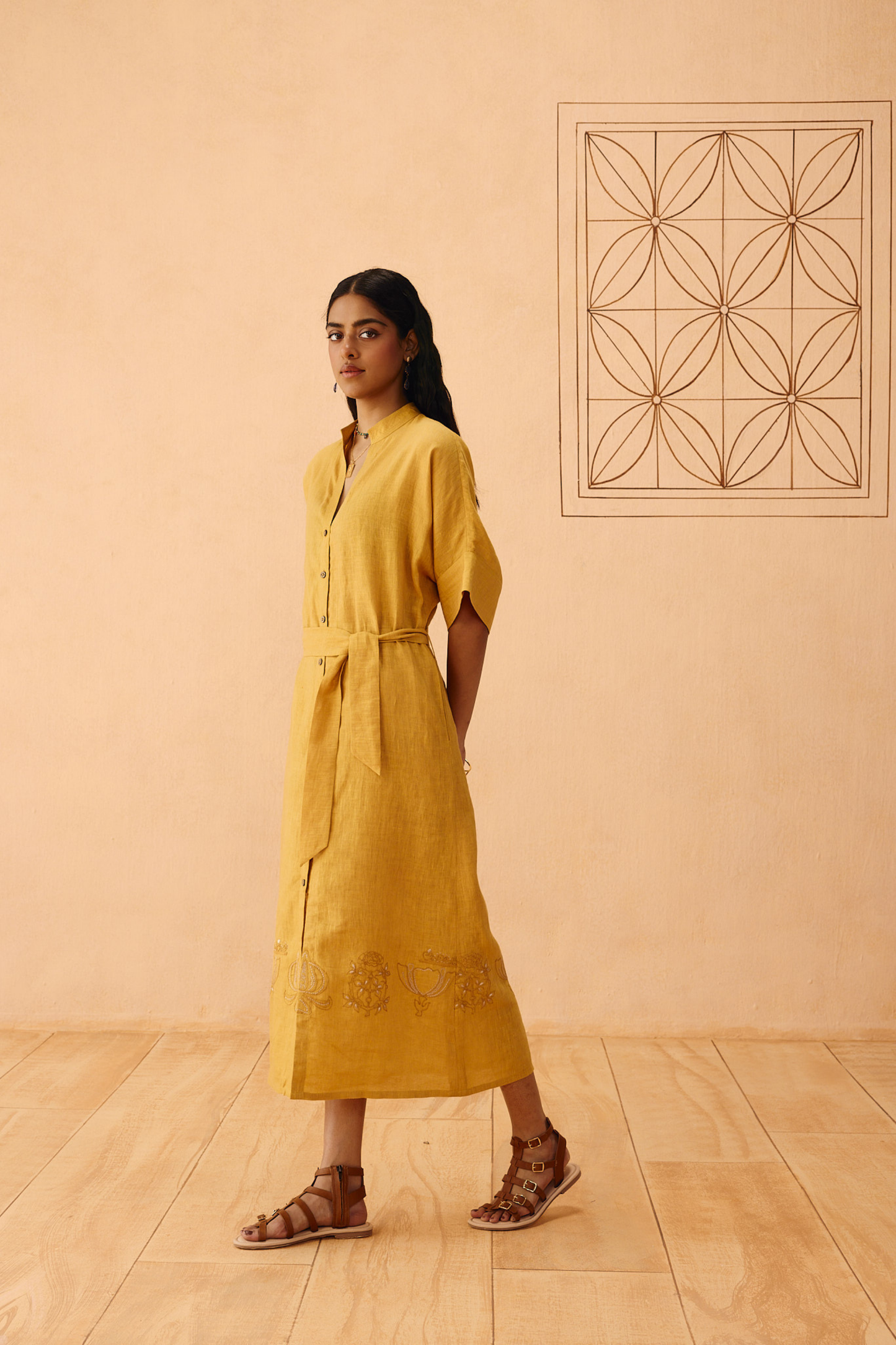 Golden Palm Linen Maxi Dress