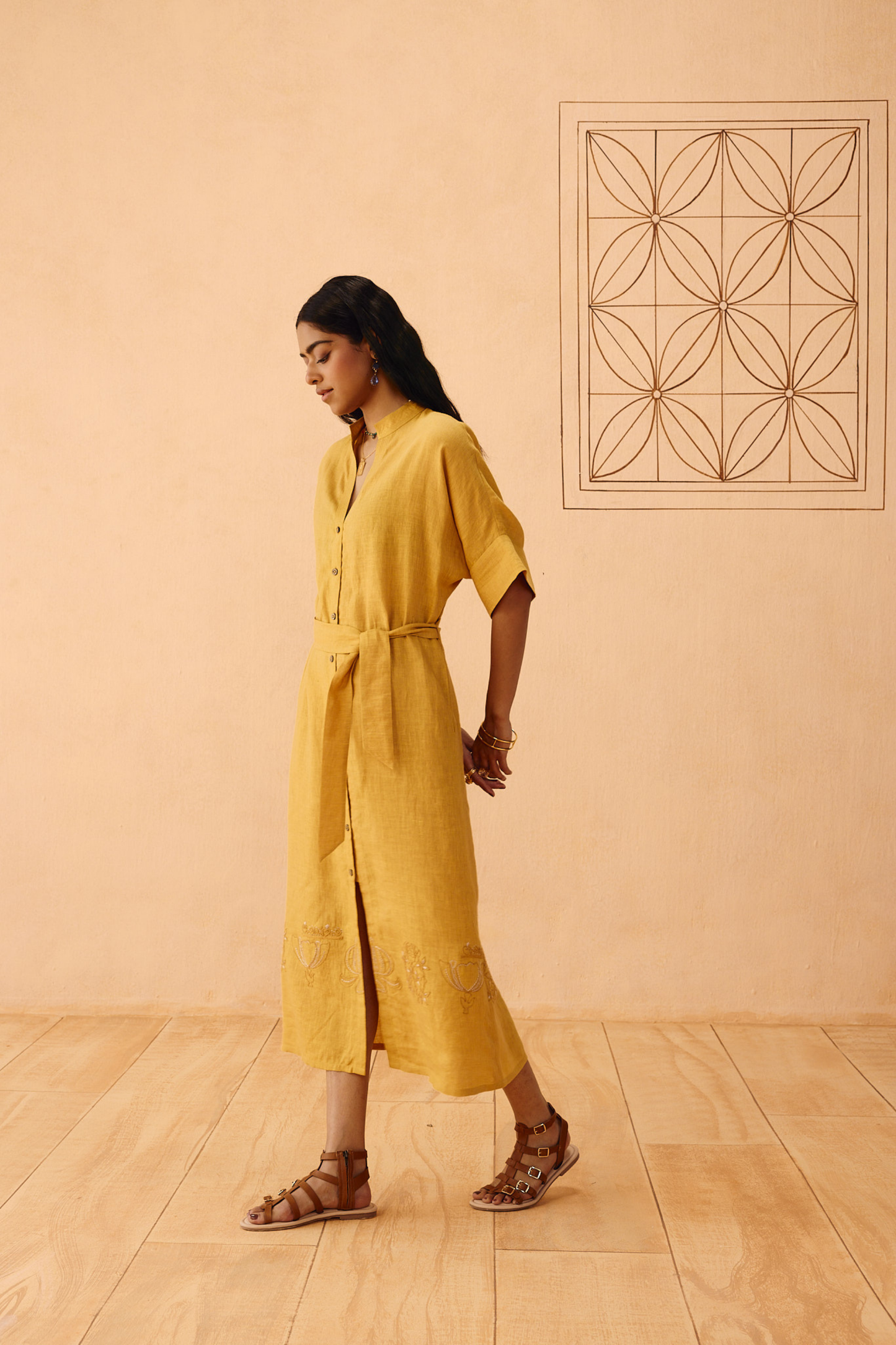 Golden Palm Linen Maxi Dress