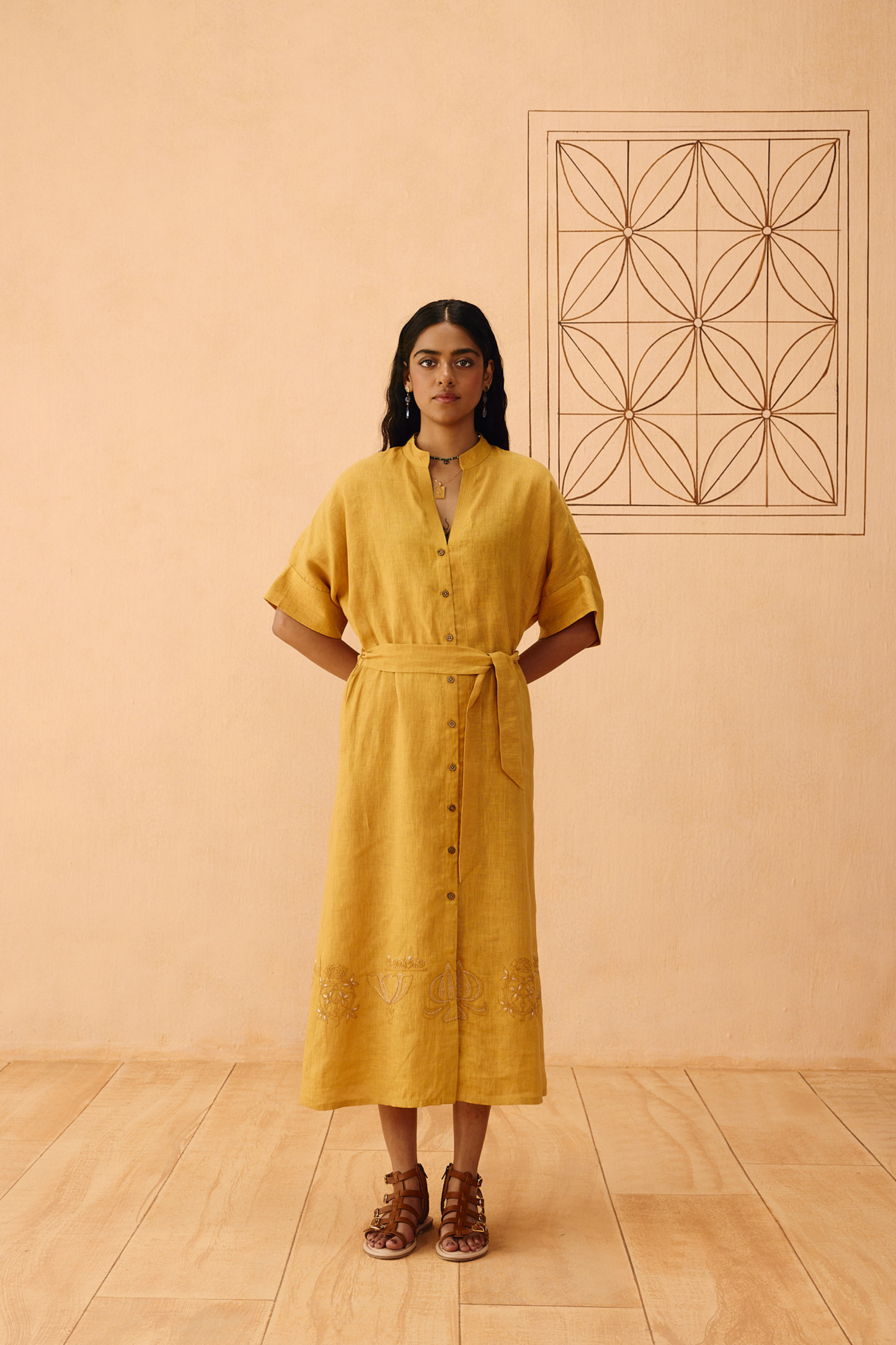 Golden Palm Linen Maxi Dress