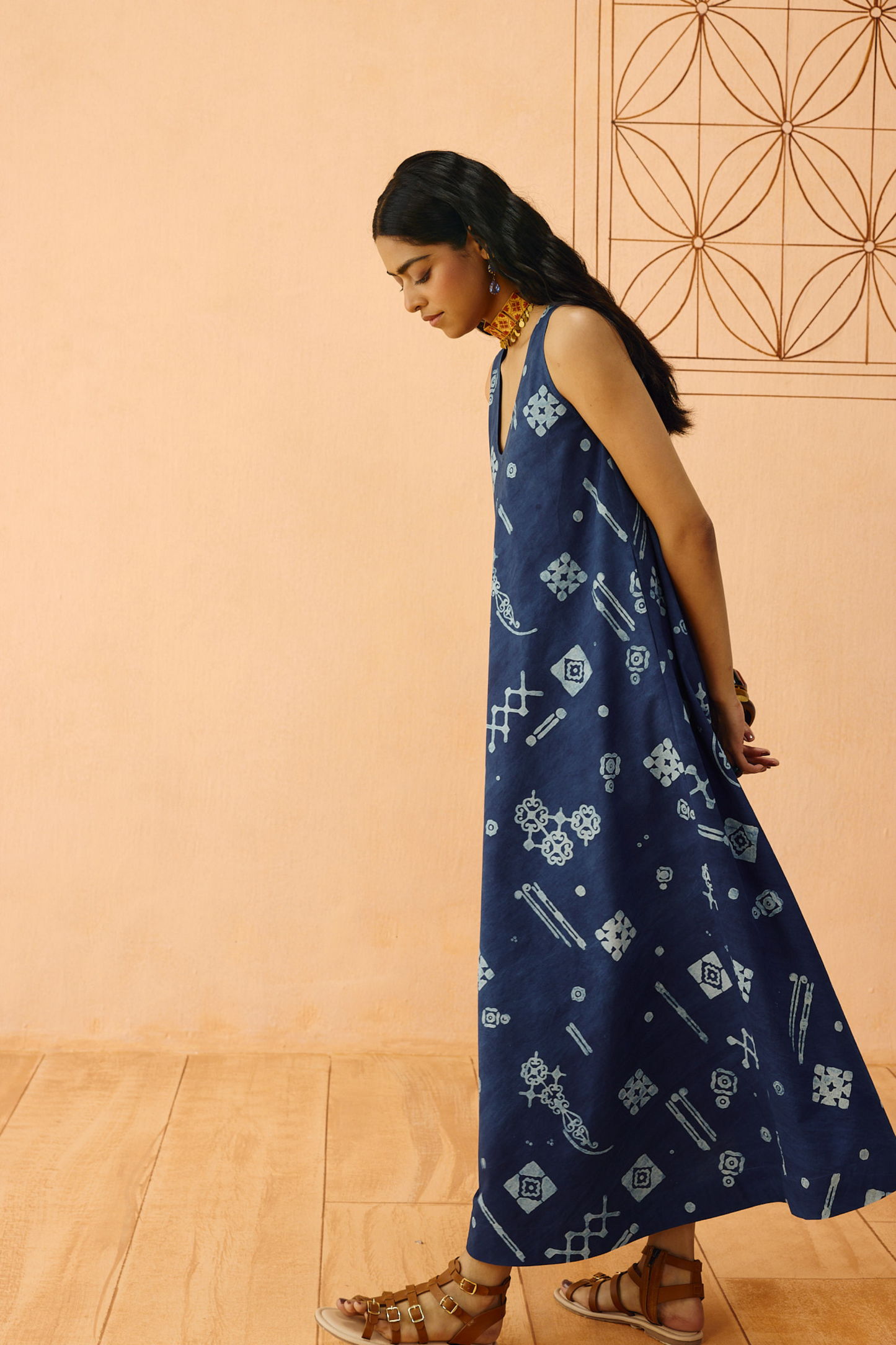 Indigo Ornament Organic Cotton Maxi Dress