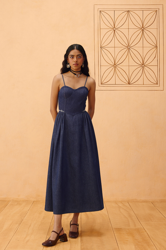 The Jaali Susainable Denim Dress —  Denim Dress | Sui Singapore