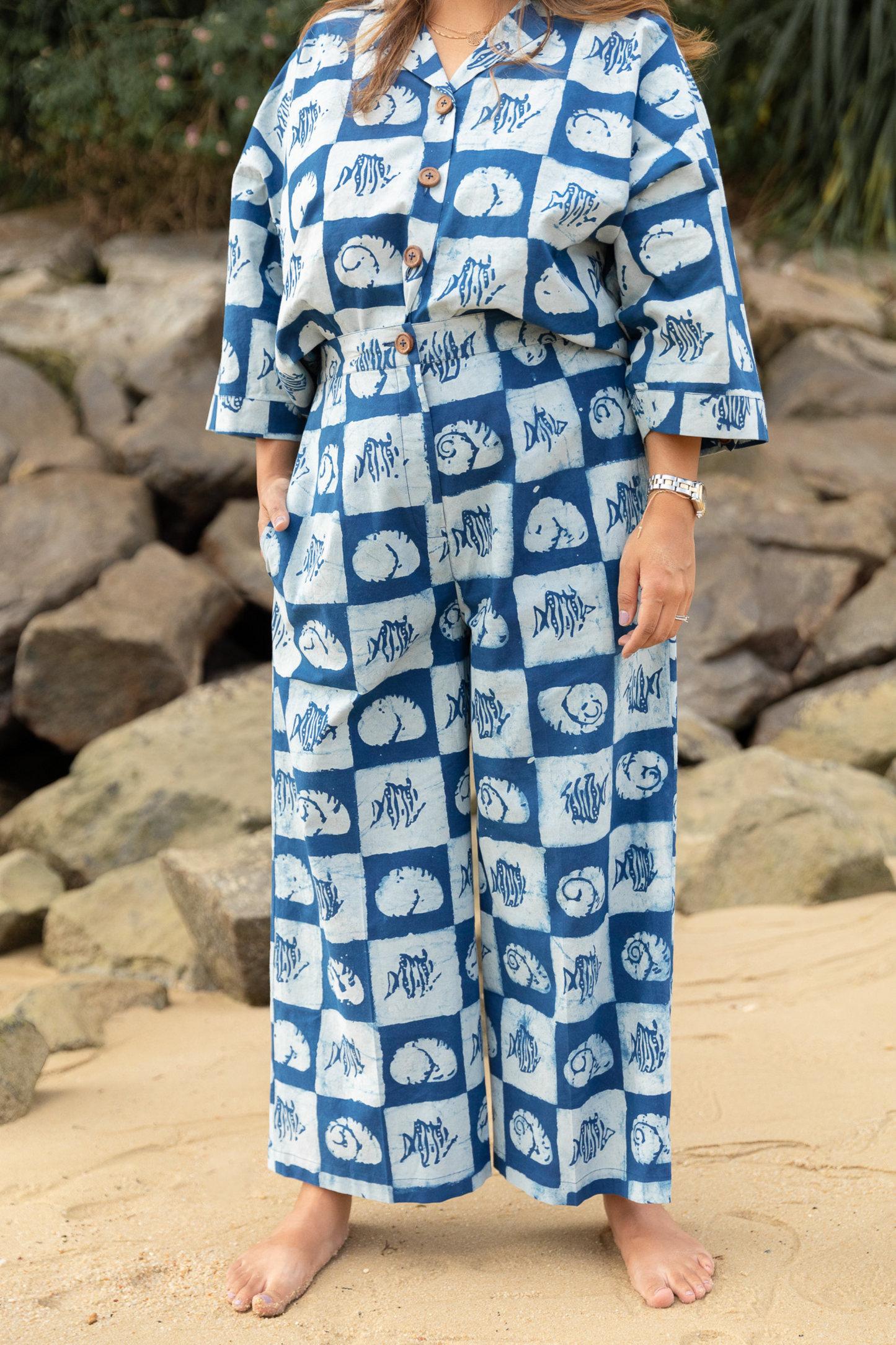 The Ocean Dabu Print Poplin Trousers