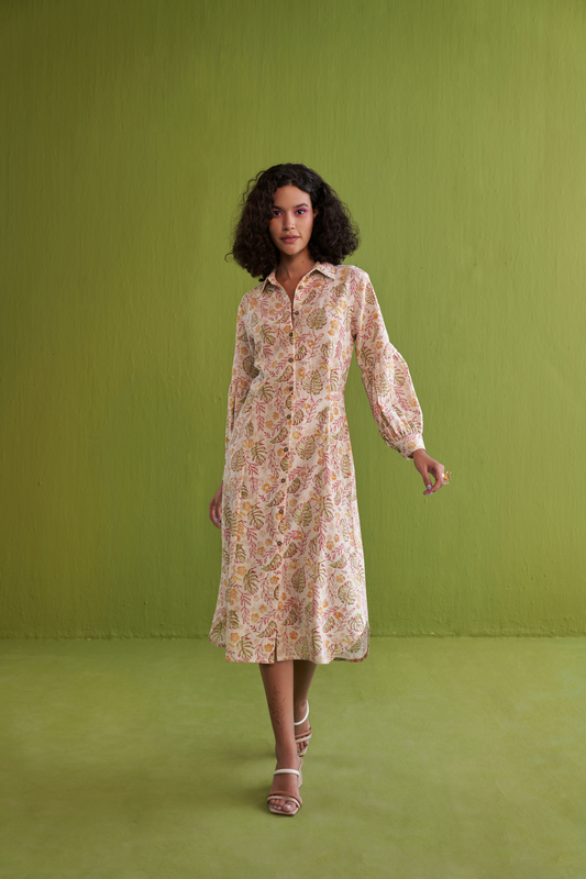 Wild Monstera Handwoven Organic Cotton Midi Shirt Dress